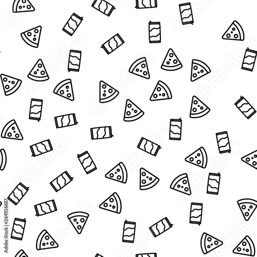 Traditional Food Pizza Pepperoni Seamless Pattern. Breakfast Delicious Ingredient Cheese, Salami, Tomato, Meat, Mozzarella Fast Hot Box. Glass With Soda, Ice, And Bubbles Flat Vector Illustration