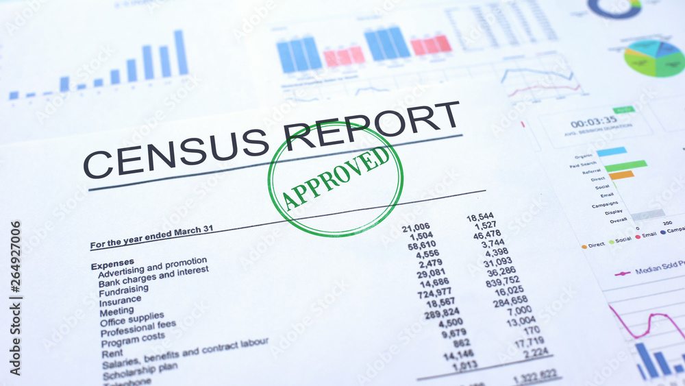 Census report approved, hand stamping seal on official document, statistics Census report approved, hand stamping seal on official document, statistics