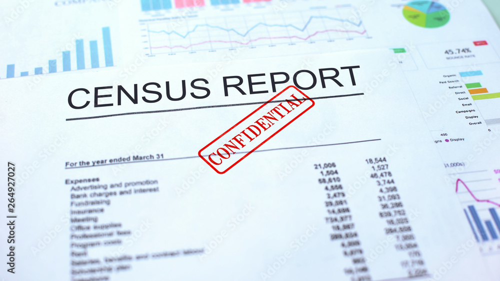Census report confidential, hand stamping seal on official document, statistics Census report confidential, hand stamping seal on official document, statistics