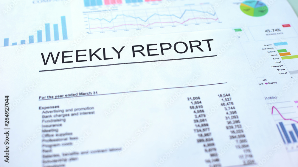 Weekly report lying on table, graphs charts and diagrams, official document Weekly report lying on table, graphs charts and diagrams, official document