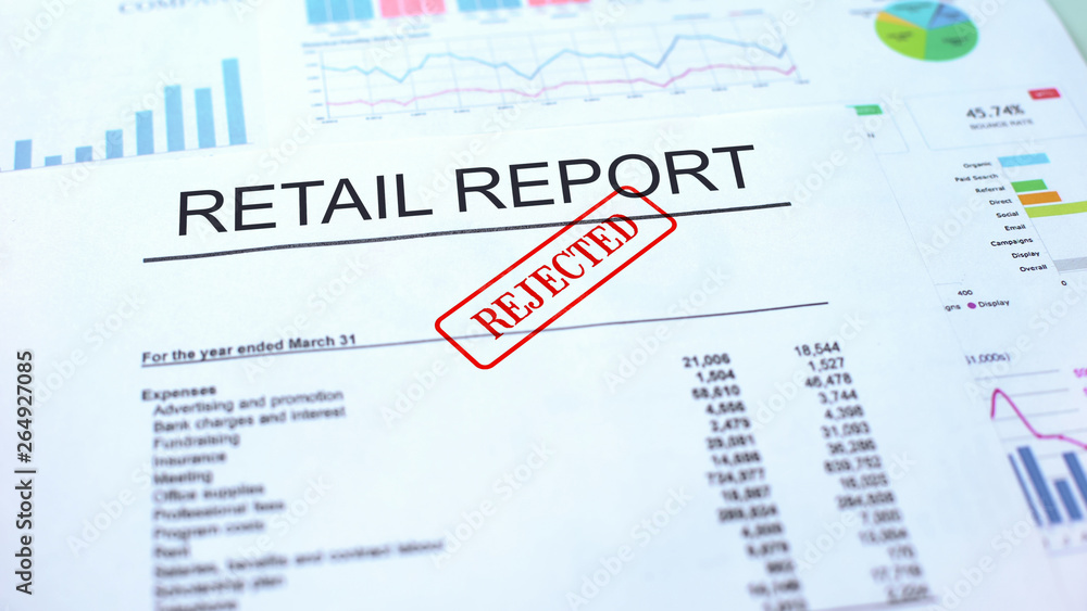 Retail report rejected, hand stamping seal on official document, statistics Retail report rejected, hand stamping seal on official document, statistics