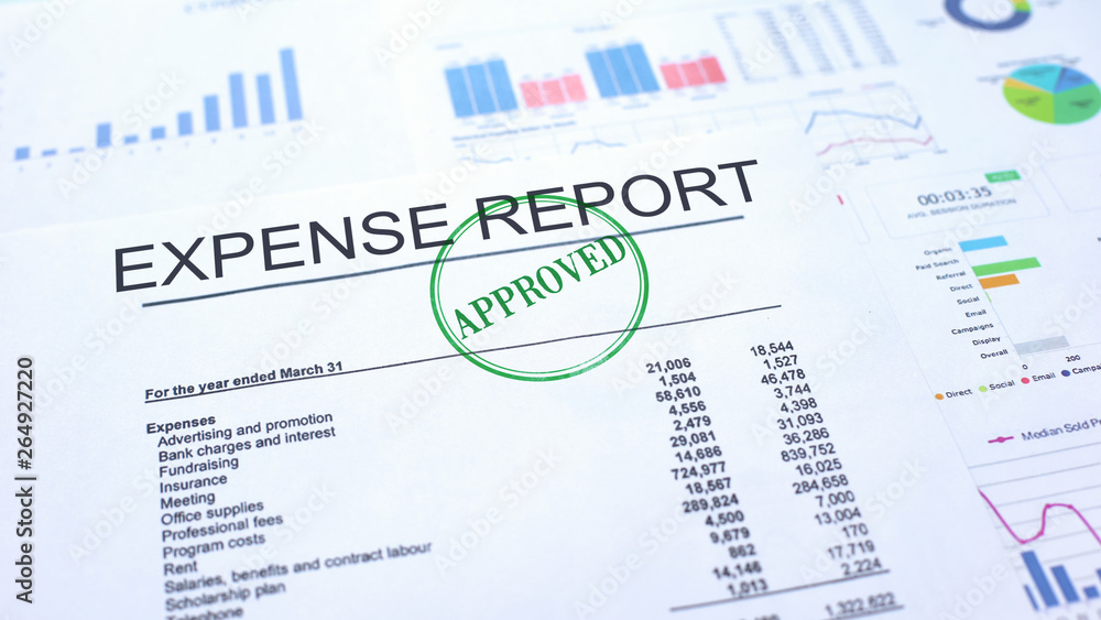 Expense report approved, hand stamping seal on official document, statistics Expense report approved, hand stamping seal on official document, statistics