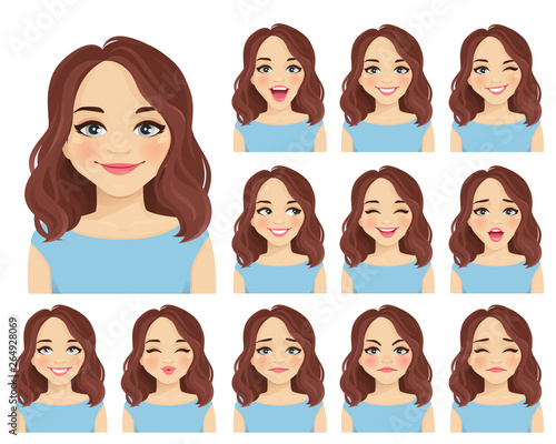 Woman with different facial expressions set isolated