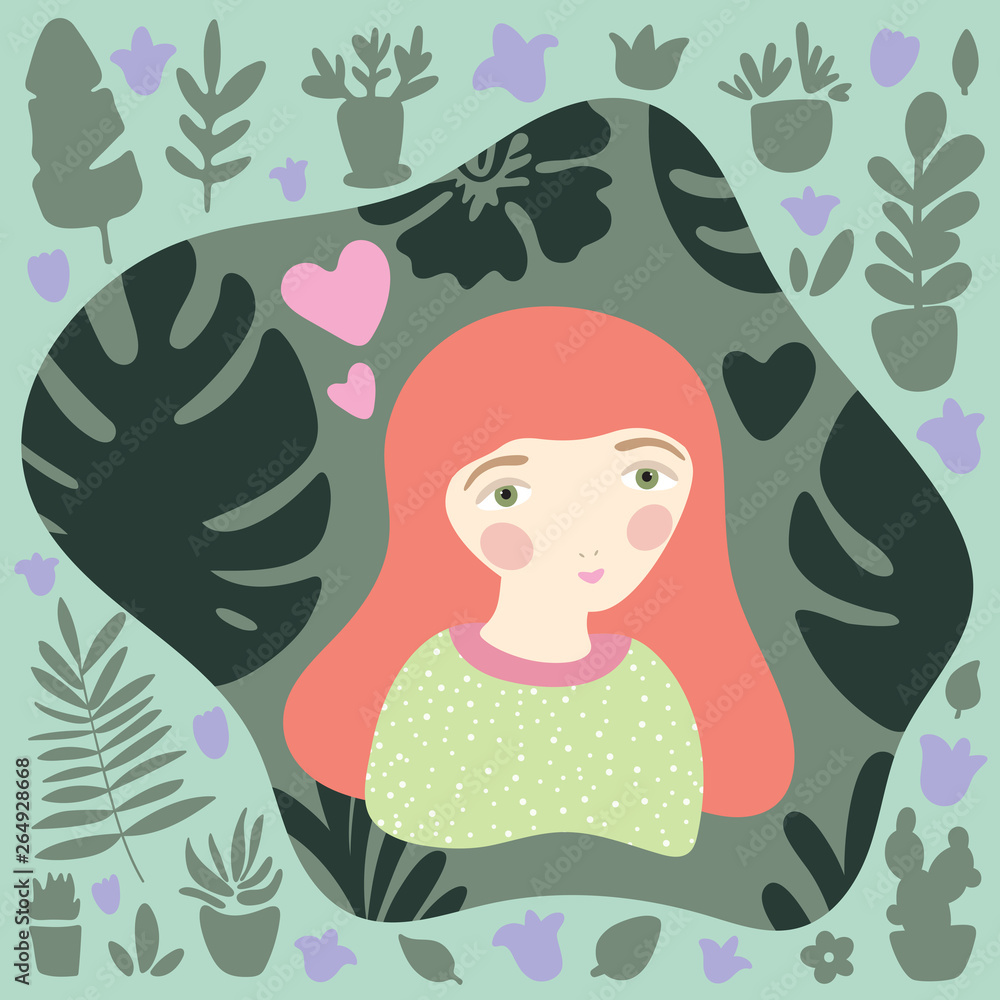 Red-haired girl in green jersey with dotted pattern. Gardening and planting hobby for children. Red-haired girl in green jersey with dotted pattern. Gardening and planting hobby for children.