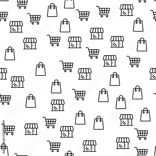 Online Shop Offer Large Discounts Seamless Pattern. Cart With Packaged Goods. Supermarket Business Industry. Customer In Mall Boutique. Interest Online Retail Sale Flat Vector Illustration
