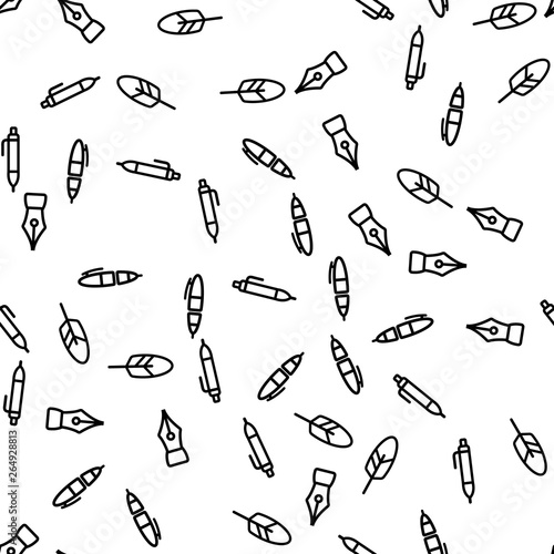 Writer Use Ink Pen Write Poem Seamless Pattern. Retro Feather Signing Calligraphy Accuracy. Elegance Literature Handwriting. Inkwell Vintage Black Nib Drawing Flat Vector Illustration
