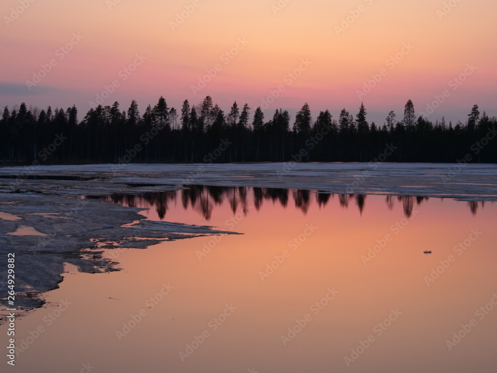 Naklejka premium sunrise in the North of Sweden, pink lake