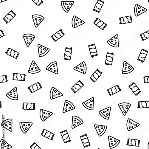 Italian Food Pizza Pepperoni Seamless Pattern. Dinner Delicious Ingredient Cheese, Pepper, Tomato, Meat, Mozzarella Fast Hot Box. Glass With Soda, Ice, And Bubbles Flat Vector Illustration