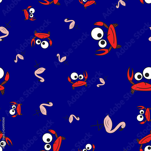 Seamless pattern of crabs and flamingos in in cartoon style