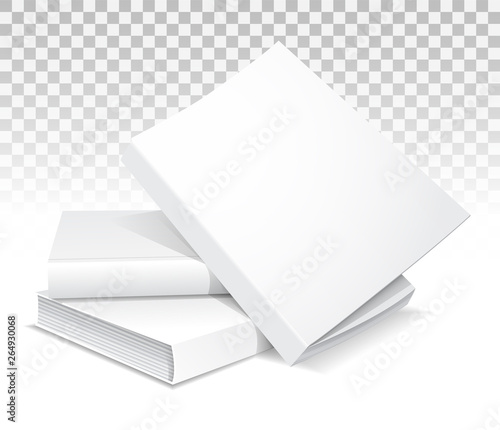 Realistic mockup of three hardcover books. They lay on the table. one on another. Hard cover ajar. A layout for your business, creative illustration. Isolated on a transparent background. Vector  