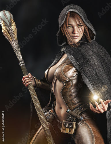 Fantasy cloaked wizard female posing with staff using magic. 3d rendering