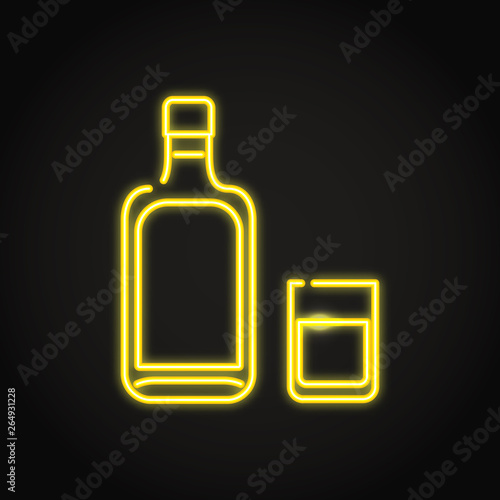 Alcohol bottle and glass icon in neon line style