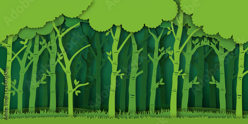 Paper art and digital craft style of Eco green nature background, forest plantation as ecology and environment conservation creative idea concept. Vector illustration.