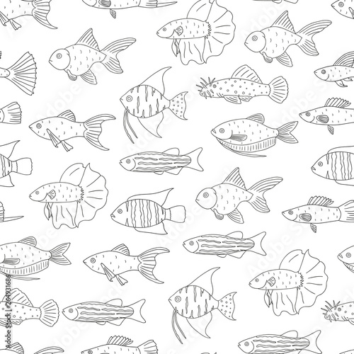 Vector black and white seamless pattern of aquarium fish. Monochrome repeating background with molly, guppy, platyfish, goldfish, danio, scalare, cichlasoma, ancistrus, gourami