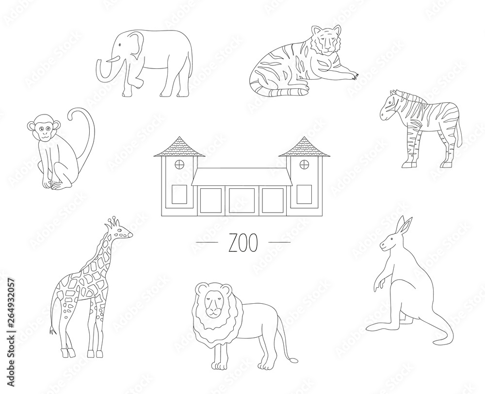 Vector illustration zoo animals isolated on white background. Line drawing  of giraffe, tiger, elephant, lion, zebra, monkey, kangaroo. Picture of zoo  for children. Stock Vector | Adobe Stock
