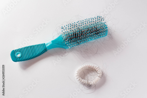 Girl Hairs fall with a comb and problem hair on white background. Hair fall or loss with blush is a problem of women.