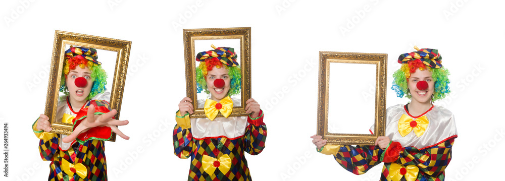 Naklejka premium Funny clown girl with frame isolated on white