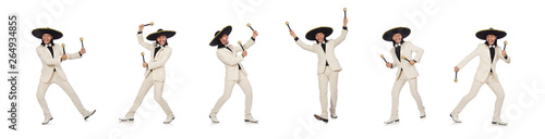 Funny mexican in suit holding maracas isolated on white photo