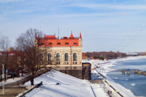 The building of the former grain exchange in Rybinsk in the winter on the Volga. Russia.