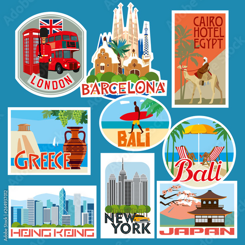 Set of travel stickers. Countries of Asia, Europe and Africa. Vector color graphics