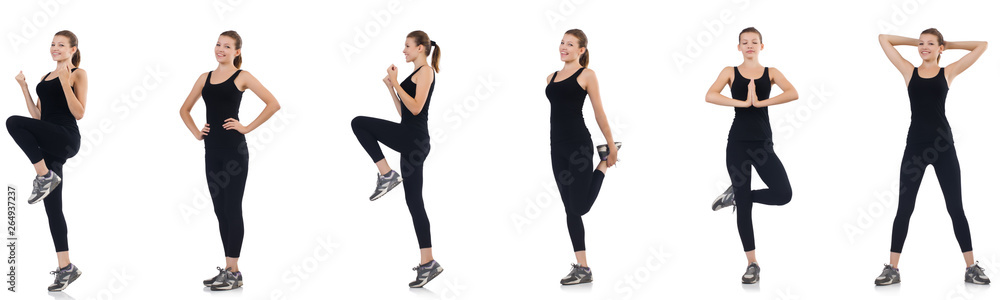 Young woman doing exercises isolated on white Young woman doing exercises isolated on white
