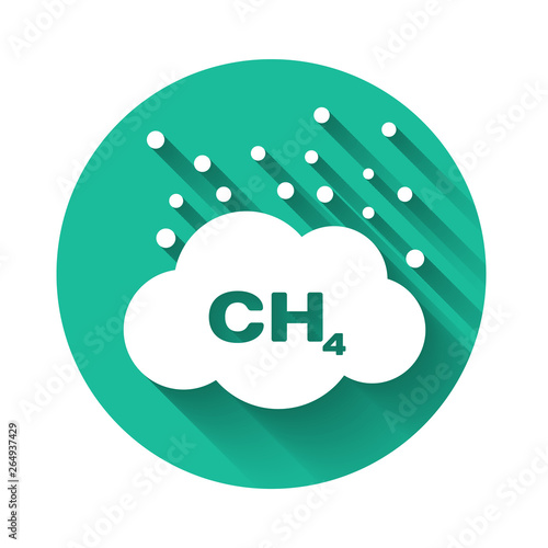 White Methane emissions reduction icon isolated with long shadow. CH4 molecule model and chemical formula. Marsh gas. Natural gas. Green circle button. Vector Illustration