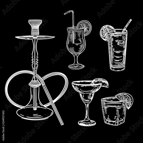 Hand drawn illustraton of cocktails and shisha isolated on black background.