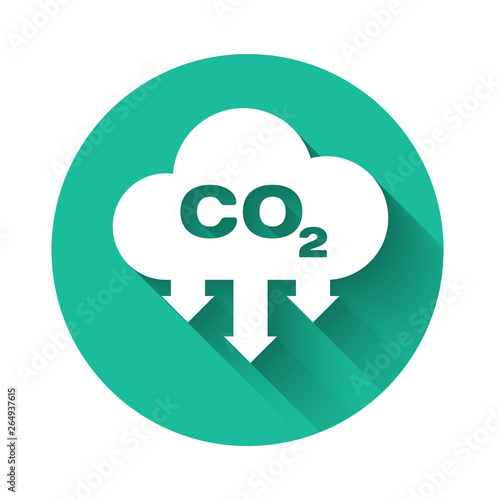 White CO2 emissions in cloud icon isolated with long shadow. Carbon dioxide formula symbol, smog pollution concept, environment concept. Green circle button. Vector Illustration