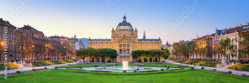 Panoramic View of the Art Pavilion and Park at sunset in Zagreb, Croatia