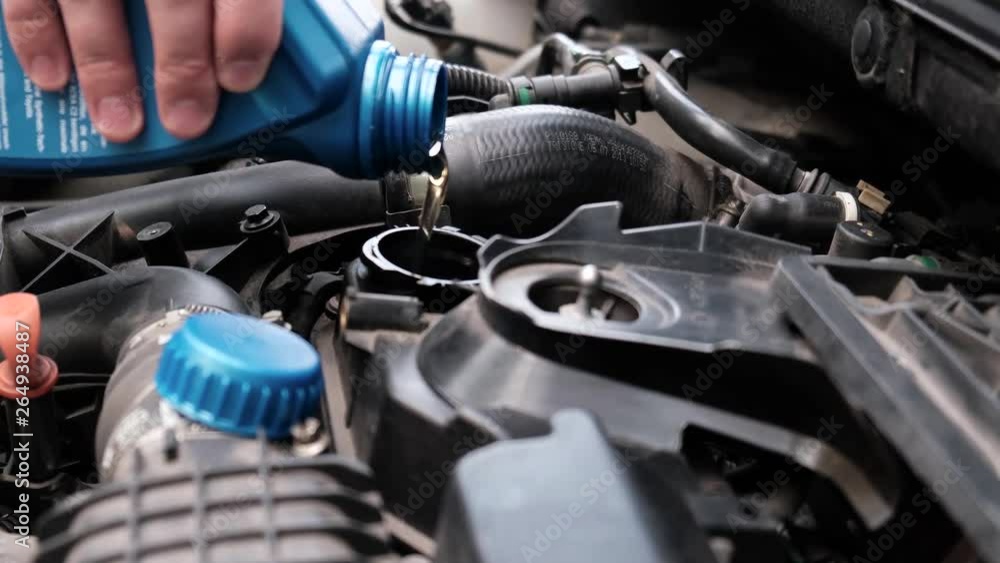 Topping up or replacing engine oil, close-up Topping up or replacing engine oil, close-up