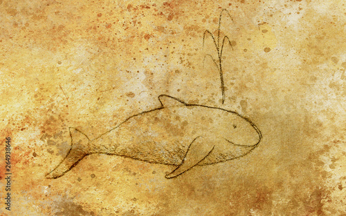 little whale in geometrical shapes, pencil drawing on abstract background.