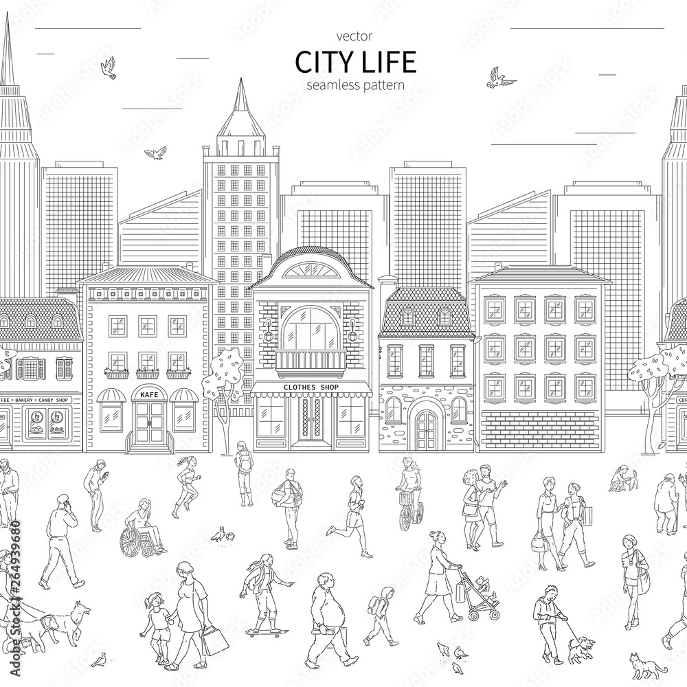 Walking urban crowd on street and building in city seamless pattern. Children and adults in various situations line art style vector black white illustration background.