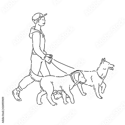 Vetor De Man With Two Large Dogs On Leash. Host With Pets Shepherd And  Labrador For Walk. Line Art Style Character Vector Black White Isolated  Illustration. Do Stock | Adobe Stock