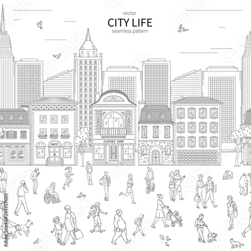 Walking urban crowd on street and building in city seamless pattern. Children and adults in various situations line art style vector black white illustration background.