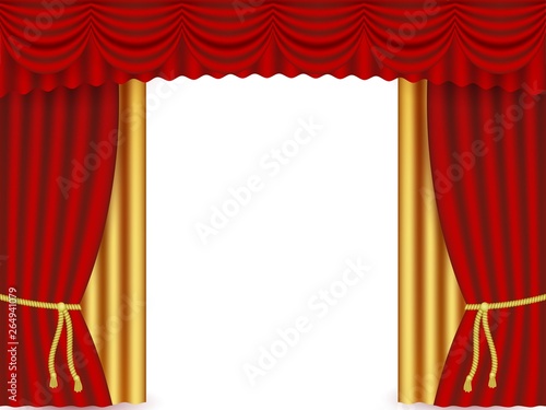 Vector realistic red and gold stage curtains. Luxury silk velvet curtains with drapery, tied with golden cord. Portiere drapes for ceremony performance, theater, opera scene, concert, grand opening.