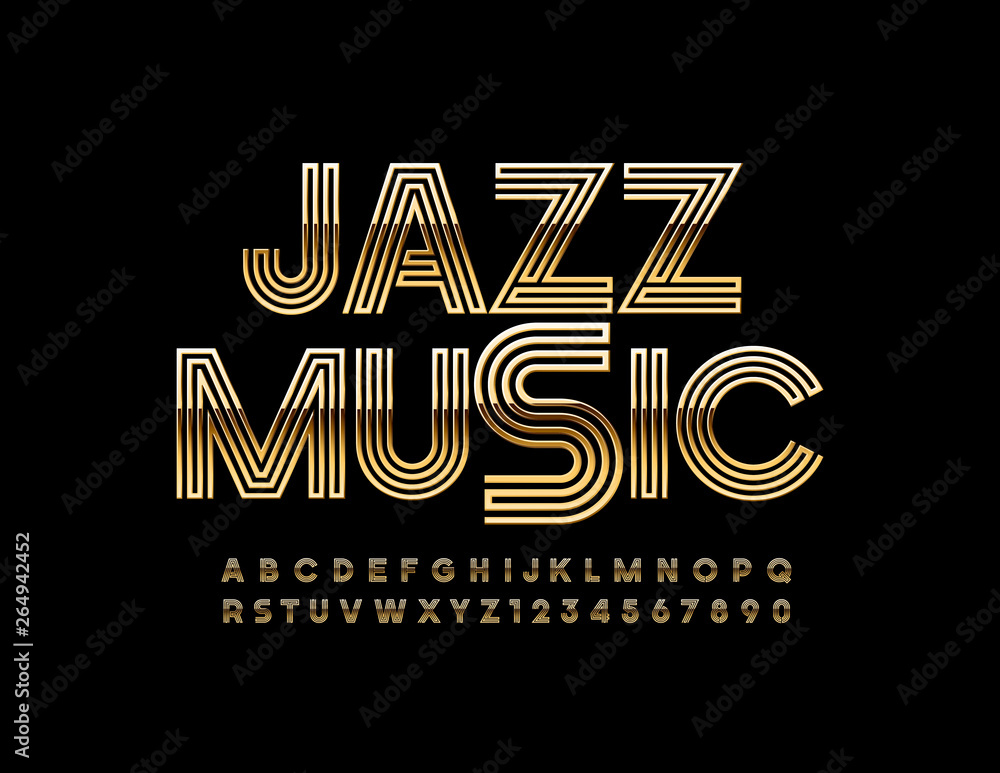 Vector chic sign Jazz Music with Golden Alphabet Letters and Symbols. Uppercase creative Font 