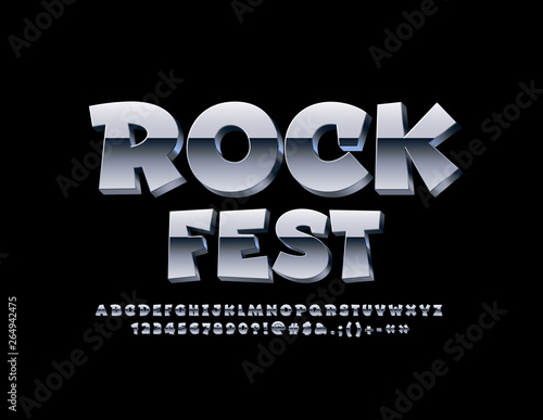 Vector trendy banner Rock Fest with 3D metal Font. Silver Alphabet set