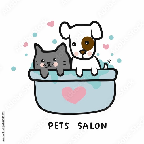 Dog and cat in shower bathtub , pets salon cartoon vector illustration doodle style