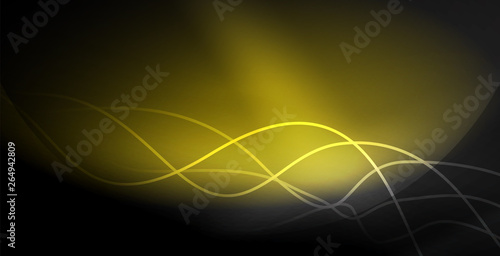 Glowing abstract wave on dark, shiny motion, magic space light. Techno abstract background