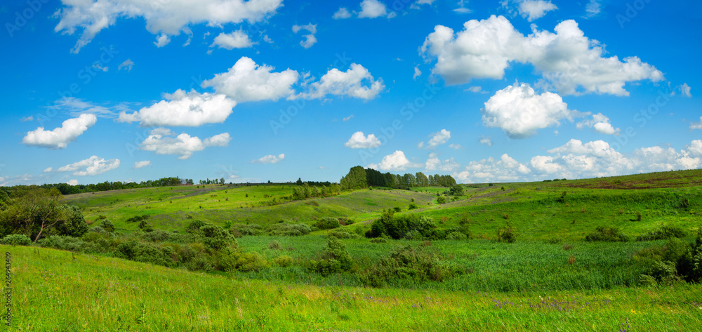 Beautiful panoramic view of green hills with trees on a sunny summer day Beautiful panoramic view of green hills with trees on a sunny summer day
