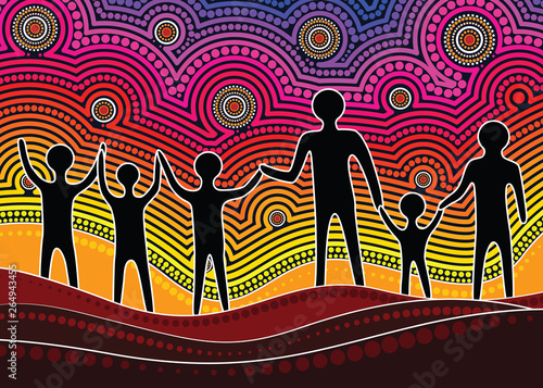 Illustration based on aboriginal style of dot background. Friendship concept