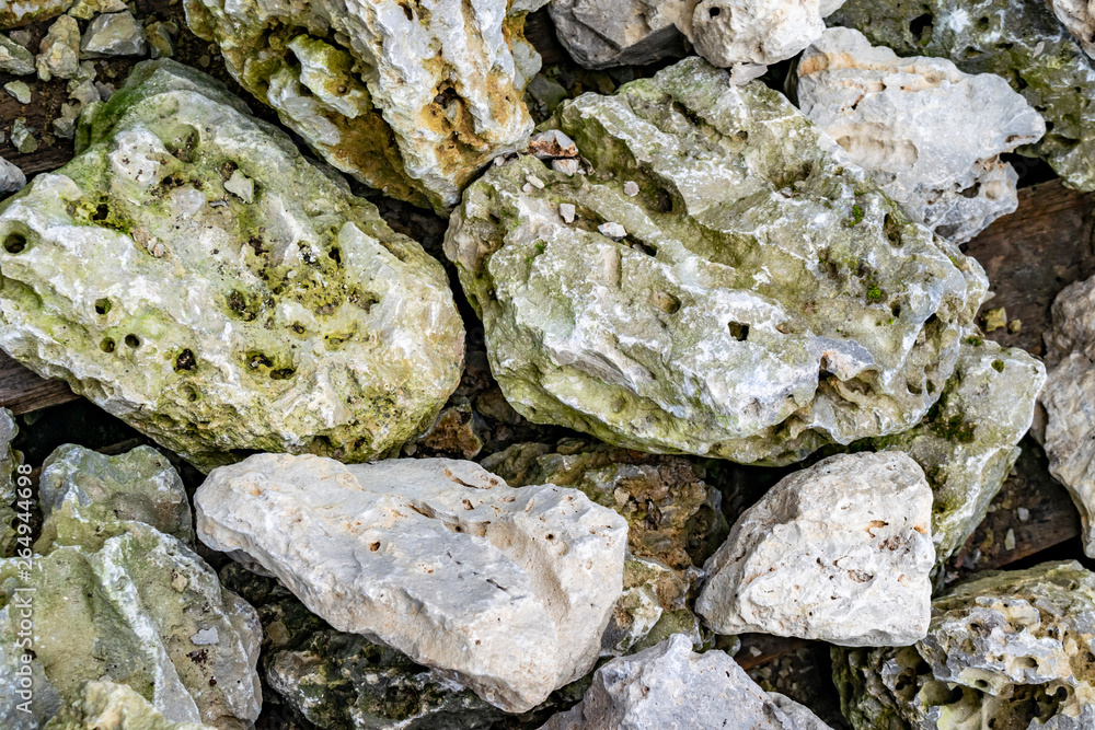 Rough nature texture of mossy stones close up. Background from rocky gray and beige stones. Rough nature texture of mossy stones close up. Background from rocky gray and beige stones.