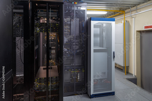Clean industrial interior rack server hardware in data center