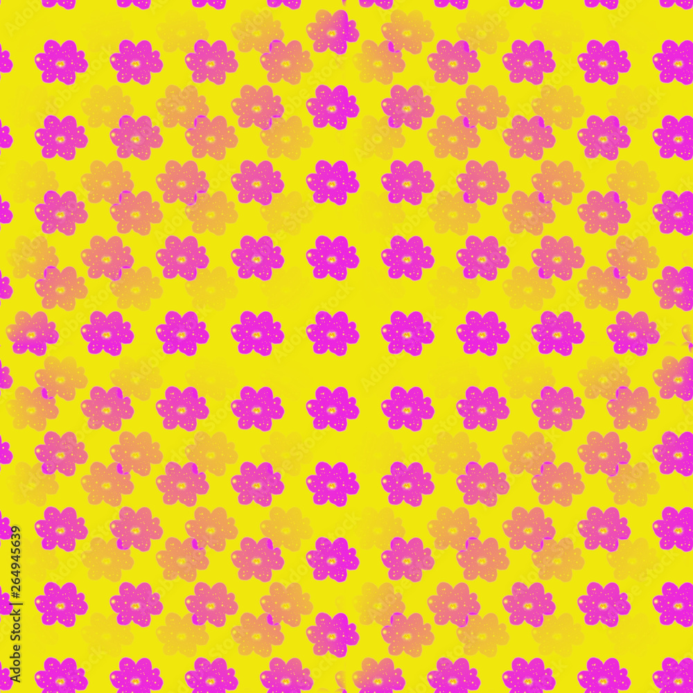Pink small flowers on the yellow background in seamless patterns. Vibrant and fresh illustration. Pink small flowers on the yellow background in seamless patterns. Vibrant and fresh illustration.