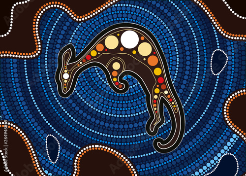 Aboriginal art vector painting with kangaroo. Illustration based on aboriginal style of landscape dot background.