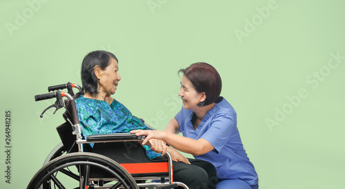 elderly woman happiness talking with caregiver