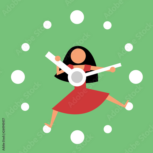 Beautiful woman and female is stopping and reverse time clock as metaphor of fight against ageing and aging. Vector illustration