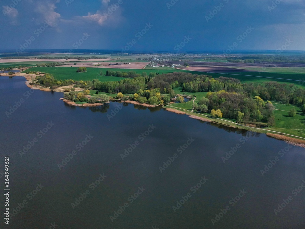 Aerial view of the pond in Nesvizh Park, Minsk Region, Belarus