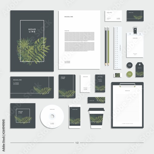 Tropical corporate identity with exotic jungle leaves. Stationery set.
