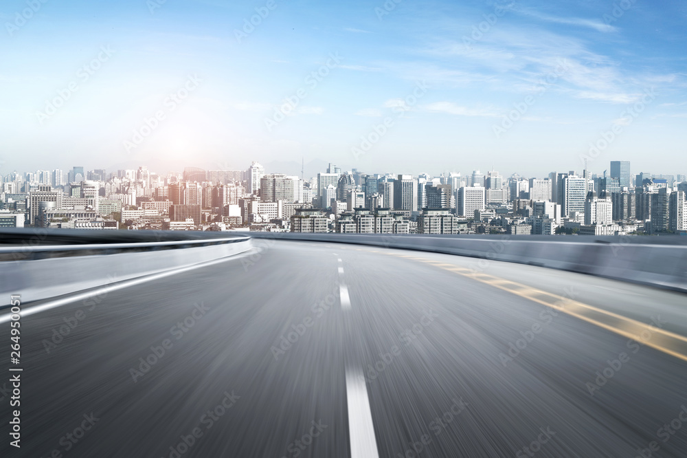Naklejka premium Empty road floor surface with modern city landmark buildings of hangzhou bund Skyline,zhejiang,china